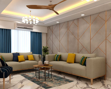 Contemporary Compact Living Room Design with Accent Wall and Chandelier